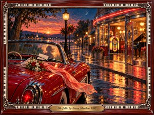A cherry-red vintage convertible rests outside a glowing roadside diner at twilight, roses and a flowing pink scarf suggesting romantic longing. Amber lamplight shimmers across rain-washed pavement beneath a brilliant coral sunset. Rich, luminous oil painting evokes nostalgic warmth, enclosed by polished mahogany, piano-key inlays, musical ornaments, and engraved brass.