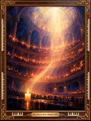 A solitary candle glows before a vast, ornate concert hall filled with countless flickering lights and silhouetted figures. Golden rays descend through towering arches and balconies, illuminating deep blue and amber shadows. Rich, expressive oil painting textures convey unity and hope, enclosed within an elaborate carved wooden frame with piano keys and an engraved brass title plate.