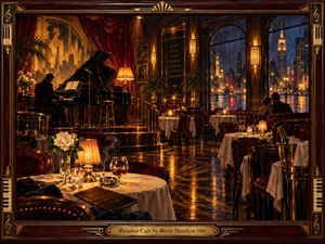An intimate Art Deco cafe glows with amber lamplight as a lone pianist performs beneath crimson curtains. Candlelit tables, crystal glasses, and a white rose lead toward rain-streaked windows and shimmering blue city lights. Rich oil-painted textures, reflective floors, and an ornate mahogany frame create a romantic, nostalgic atmosphere.