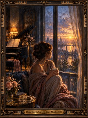A contemplative woman wrapped in a rose-colored shawl gazes through a rain-streaked window toward a glowing city sunrise. A grand piano, flowers, and warm lamplight enrich the intimate interior. Deep blues, mauves, and golden reflections create a comforting atmosphere in this detailed oil painting, enclosed by an ornate musical frame.