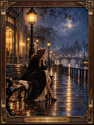 A solitary woman in a dark coat sits beside pale gloves and a folded letter on a rain-soaked riverside bench, gazing toward a misty bridge. Amber streetlamps shimmer across blue cobblestones beneath a moonlit sky. Rich oil brushwork, vintage architecture, and an ornate piano-themed frame deepen the wistful, romantic atmosphere.