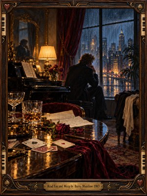 A solitary man sits beside a grand piano, gazing through rain-streaked windows at a glowing nighttime skyline. Scattered playing cards, wilted roses, and handwritten letters evoke heartbreak and regret. Rich burgundy, amber, and midnight blue illuminate the melancholic oil painting, enclosed within an ornate Art Deco frame with brass accents.