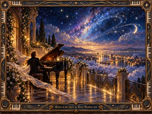 A solitary pianist plays on a flower-draped terrace overlooking a golden riverside city. Swirling starlight and a crescent moon illuminate an indigo sky above drifting clouds. Warm lanterns shimmer across polished marble, while violet nebulae and flowing fabric evoke longing and wonder. Rich oil textures complement an ornate bronze piano-key frame.