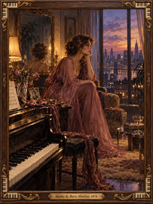 A wistful woman in a flowing rose gown gazes across a twilight city from a richly furnished apartment. Warm lamplight illuminates a piano, fading flowers, and her reflection in an ornate mirror. Deep mauve and amber oil brushstrokes create intimate melancholy, enclosed by a carved walnut frame with brass musical accents.