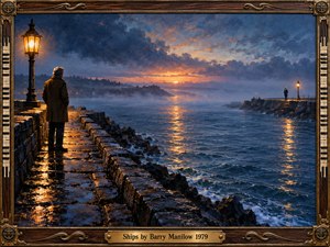 Two solitary men stand on opposing stone piers across a misty harbor, separated by dark blue water beneath a glowing sunset. Golden lamplight reflects across wet cobblestones, creating a melancholy atmosphere of longing and distance. Expressive oil brushwork, dramatic clouds, and an ornate wood-and-brass piano-themed frame complete the nostalgic composition.