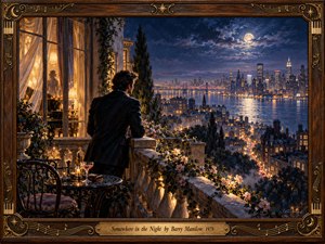 A solitary man leans over a flowered balcony, gazing across a moonlit city and shimmering river. Warm lamplight reveals a distant woman behind billowing curtains, while golden streets curl toward glowing bridges. Deep indigo skies and silver reflections heighten the romantic longing. Rich oil brushwork and an ornate musical frame complete the scene.