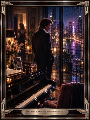 A solitary man stands beside a glossy grand piano, watching rain blur a neon city skyline. Behind him, a shadowy woman lingers in warm lamplight. Amber, violet, and midnight blue reflections deepen the romantic uncertainty. Cinematic 1980s photography, delicate flowers, crystal glassware, and an ornate chrome frame complete the scene.