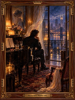 A solitary man sits beside a grand piano, gazing across a rain-soaked city skyline. Warm amber lamplight illuminates roses, sheet music, and forgotten glassware, contrasting with cool blue twilight. Flowing curtains, a ghostly womans reflection, and an abandoned shawl evoke romantic longing in this richly detailed oil painting, framed in ornate mahogany and gold.