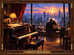 A romantic 1970s music room glows with golden lamplight as a couple embraces beside panoramic windows overlooking a vibrant coral and violet city sunset. A polished grand piano, scattered sheet music, and red rose suggest tenderness and nostalgia. Rich oil brushwork, warm reflections, and an ornate piano-themed wooden frame complete the scene.