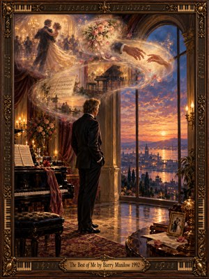 A solitary man stands beside a grand piano, gazing toward a glowing waterfront sunset. Luminous memories of dancing lovers, roses, and reaching hands swirl through an elegant candlelit room. Rich amber, burgundy, and twilight blue tones create a nostalgic atmosphere in this romantic oil painting, surrounded by an ornate musical frame.