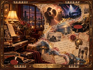 A richly textured vintage collage evokes romantic nostalgia through a warmly lit piano room overlooking a twilight city. Dancing lovers, vinyl records, faded photographs, handwritten letters, and sheet music flow through golden memories. Amber, burgundy, and smoky blue tones glow within an ornate carved wooden frame with brass accents.