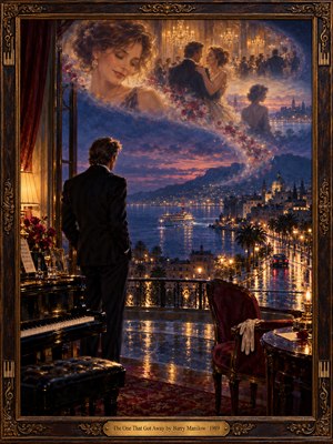 A solitary man overlooks a rain-soaked harbor from an elegant room, surrounded by piano keys, roses, and forgotten keepsakes. Above him, luminous memories of a lost romance drift through violet clouds. Golden chandeliers, shimmering city lights, and an ornate bronze frame enrich this nostalgic, emotionally evocative oil painting.