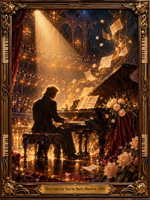 A solitary pianist performs beneath a golden spotlight in a lavish, candlelit theater. Floating sheet music and rose petals spiral above a glossy grand piano, while a shadowed audience glimmers beyond. Warm amber, burgundy, and midnight blue oil-painted textures evoke heartfelt nostalgia, enclosed within an ornate, gilded musical frame.