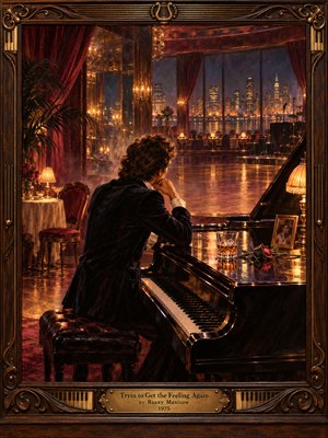 A solitary man sits at a grand piano in a luxurious 1970s lounge, gazing toward a glittering nighttime skyline. Warm amber lighting illuminates burgundy curtains, empty chairs, a fading rose, and a whiskey glass. Rich oil painting textures evoke romantic longing and nostalgia, surrounded by an ornate walnut-and-brass musical frame.