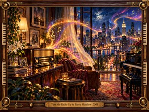 Inside a warmly lit city apartment, a vintage radio sends shimmering ribbons of gold, violet, and blue toward a moonlit skyline. A grand piano, billowing curtains, flowers, and polished furniture enrich the intimate scene. Expressive oil painting textures and an ornate brass-trimmed musical frame evoke joyful escape and nostalgia.