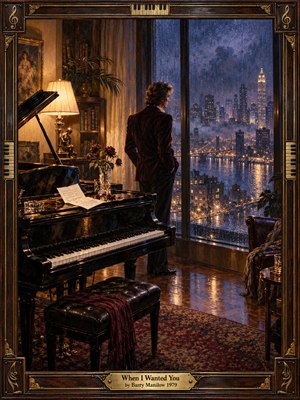 A solitary man stands beside a grand piano, gazing through rain-streaked windows at a glowing nighttime skyline. Warm amber lamplight contrasts with cool blue city reflections, illuminating wilted roses, handwritten letters, and polished wood. Rich oil painting textures and an ornate musical frame deepen the intimate atmosphere of longing and regret.