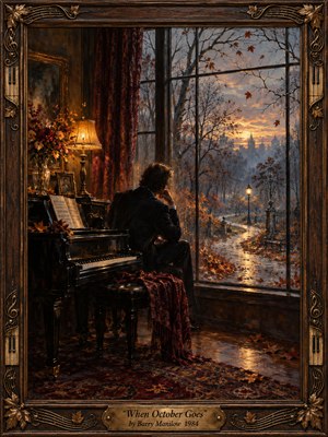 A solitary pianist gazes through towering windows toward a misty autumn park, where golden leaves scatter along a winding path. Warm lamplight illuminates a nostalgic interior against the cool blue evening. Rich oil painting textures, burgundy curtains, and an ornate musical frame evoke quiet longing, fading memories, and melancholy beauty.