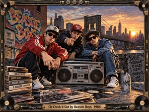Three stylish young men gather around a vintage boombox on a gritty New York rooftop at sunset. Warm golden light silhouettes the Brooklyn Bridge and skyline, while graffiti, vinyl records, spray cans, and stacked albums create energetic hip-hop atmosphere. An ornate music-themed metal frame completes the cinematic photographic composition.