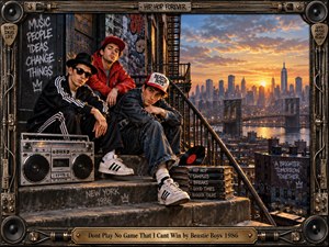 Three hip-hop figures gather on a graffiti-covered New York rooftop stairway beside a vintage boombox and records. A glowing sunset illuminates the skyline and Brooklyn Bridge, balancing gritty urban textures with warm orange light. An elaborate speaker-and-cable frame and brass title plate reinforce the nostalgic musical atmosphere.
