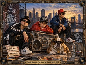 Three hip-hop figures gather around a battered boombox on a gritty New York rooftop, joined by a chain-wearing bulldog. Warm sunset light illuminates brick, graffiti, records, spray cans, and distant skyscrapers. Rich painterly realism, saturated reds and blues, and an industrial turntable-inspired frame create rebellious urban energy.