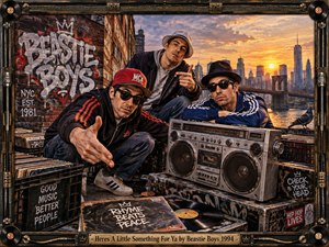 Three streetwise figures gather around a vintage boombox and vinyl records on a gritty New York rooftop. Graffiti-covered brick, the Brooklyn Bridge, and a glowing skyline frame the scene. Warm sunset oranges contrast with dark urban textures, while the detailed photographic style creates energetic, nostalgic hip-hop atmosphere.