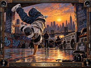A breakdancer balances in a dynamic one-handed freeze on a graffiti-covered rooftop at sunset, surrounded by friends, vintage boomboxes, records, and headphones. Warm orange light reflects across wet pavement while the city skyline and bridge glow behind him, creating an energetic, cinematic hip-hop atmosphere framed by industrial musical details.