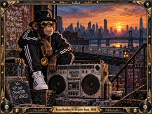A confident chimp in vintage streetwear lounges beside a battered boombox on a gritty New York rooftop. Glowing orange sunset light silhouettes bridges, skyscrapers, and a graffiti-covered subway. Rich blacks, brass gold, and urban textures create playful swagger, while an ornate record-inspired frame reinforces the old-school hip-hop atmosphere.