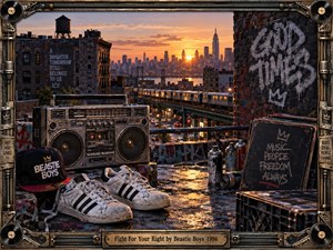 A gritty New York rooftop glows beneath a fiery sunset, framing a vintage boombox, worn sneakers, spray cans, records, and bold graffiti against an elevated train and distant skyline. Warm orange light, weathered brick, industrial textures, and metallic framing create a rebellious, energetic portrait of youthful freedom and urban defiance.