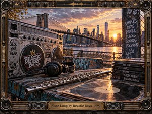 A weathered boombox, headphones, silver flute, vinyl records, and stacked music sleeves fill a gritty waterfront setting beneath a glowing city skyline. Warm sunset gold contrasts with cool steel, graffiti, and worn surfaces. Cinematic photographic realism, layered urban details, and the elaborate audio-inspired frame create nostalgic, rhythmic energy.