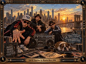 Three hip-hop figures gather around a vintage boombox on a gritty rooftop overlooking a glowing city skyline and bridge. Warm sunset light, deep blacks, bronze tones, scattered records, headphones, graffiti, and a resting bulldog create energetic urban nostalgia. An ornate music-themed frame gives the cinematic scene handcrafted character.