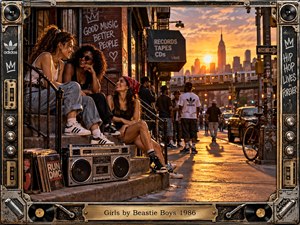 Three women relax on a city stoop beside a vintage boombox as warm sunset light floods a lively urban street. Graffiti, records, bicycles, passing pedestrians, and an elevated train create energetic 1980s atmosphere. Rich amber tones, deep shadows, photographic realism, and a rugged music-themed metal frame reinforce playful streetwise character.