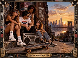 Four friends gather on a graffiti-covered city stoop beside a vintage boombox and skateboard, overlooking a glowing bridge and skyline at sunset. Warm amber light, deep urban shadows, retro streetwear, and playful details create an energetic 1980s hip-hop atmosphere, enclosed by an ornate speaker-studded metallic frame.