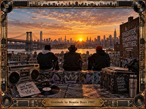 Three figures sit on a gritty rooftop overlooking a glowing city skyline at sunset, surrounded by a boombox, vinyl records, graffiti, and weathered urban objects. Warm amber light creates a reflective, communal mood, while the elaborate industrial metal frame, speaker details, and engraved title plate reinforce the nostalgic photographic style.