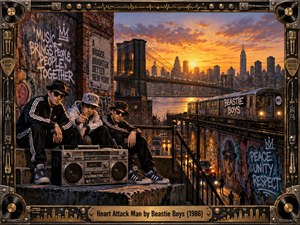 Three hip-hop figures gather around a vintage boombox on a graffiti-covered New York rooftop as a subway passes beneath a glowing sunset skyline and Brooklyn Bridge. Warm gold, blue, and charcoal tones create energetic urban nostalgia. An elaborate amplifier-inspired metal frame, records, microphones, and engraved title plate complete the detailed painted composition.