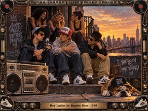 A lively retro street scene gathers three men and three women on a Brooklyn stoop beneath a glowing sunset skyline. Warm amber light, gritty brick textures, a vintage boombox, graffiti, records, chains, sneakers, and a resting bulldog create playful late-1980s hip-hop energy within an elaborate industrial frame.