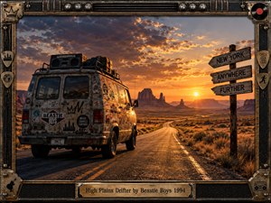 A weathered van covered in stickers travels a desert highway toward distant mesas beneath a fiery sunset. Warm amber light, deep blue clouds, rugged textures, and an expansive road create a restless cinematic mood. An amplifier-inspired metal frame, musical hardware, directional signs, and engraved title plate reinforce the adventurous retro aesthetic.