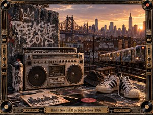 A weathered boombox, vinyl records, sneakers, and spray can anchor a gritty New York rooftop at sunset. Graffiti, passing subway cars, and a glowing skyline create raw urban energy. Warm amber light and distressed photographic textures evoke 1980s hip-hop culture, framed by turntable-inspired metalwork and record details.