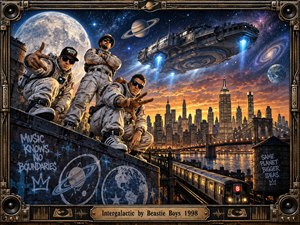 Three astronauts pose above a glowing futuristic city as a massive spacecraft hovers beneath planets, stars, and a brilliant moon. Warm sunset gold contrasts with deep cosmic blues, while graffiti, subway tracks, and industrial details add urban energy. An ornate mechanical frame reinforces the bold retro science-fiction aesthetic.