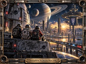 Three helmeted space travelers sit beside a retro boombox overlooking a vast futuristic city beneath giant planets and a glowing sunset. Warm gold light contrasts with deep blues, metallic grays, and black space. Detailed digital sci-fi art, industrial framing, speaker corners, elevated transit lines, and bold urban markings create energetic cosmic hip-hop atmosphere.