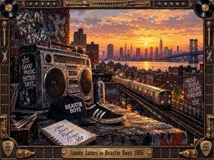A weathered boombox, Beastie Boys cap, sneakers, records, and handwritten notebook overlook a glowing New York skyline and elevated train at sunset. Rich orange light contrasts with deep urban shadows, graffiti, and metallic textures. The detailed cinematic painting captures nostalgic hip-hop energy, street culture, rhythm, and restless creative momentum.