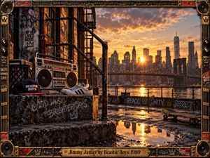 A gritty urban sunset frames a boombox, sneakers, vinyl records, skateboard, and graffiti-covered waterfront overlooking a glowing skyline and bridge. Warm amber light reflects across wet pavement, contrasting with weathered concrete and dark metal. The cinematic photographic style captures energetic hip-hop nostalgia, street culture, rhythm, and youthful defiance.