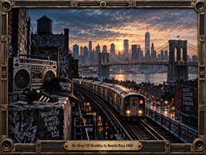 A gritty Brooklyn rooftop overlooks the bridge and Manhattan skyline at sunset as a subway train surges along elevated tracks. A battered boombox, sneakers, graffiti, and Beastie Boys cap evoke rebellious 1980s street culture. Warm amber light contrasts with steel blue shadows, framed by rugged speaker-studded industrial metalwork.