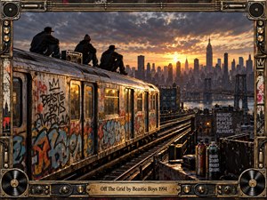 Three silhouetted figures sit atop a graffiti-covered subway car overlooking a glowing New York skyline at sunset. Warm amber light cuts through stormy clouds, reflecting across steel tracks and weathered buildings. A gritty cinematic photographic style, vintage boombox, spray cans, bridge, and industrial music-themed frame reinforce rebellious urban energy.