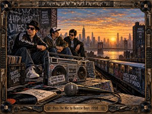 Three figures sit on a gritty rooftop beside a battered boombox as a microphone and scattered records dominate the foreground. A glowing New York sunset, bridge, subway, and graffiti-covered buildings create an energetic urban atmosphere. Warm gold and blue tones, detailed painterly textures, and a music-themed metal frame evoke classic hip-hop culture.