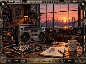 A vintage boombox dominates a richly detailed urban loft overlooking Manhattan at sunset, surrounded by vinyl records, headphones, notebooks, posters, and worn furnishings. Warm orange light contrasts with dark industrial textures, creating nostalgic creative energy. An equipment-inspired metal frame with knobs, records, graffiti accents, and engraved details completes the cinematic composition.