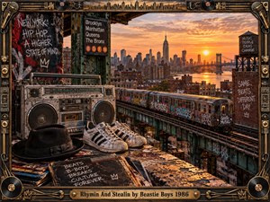 A gritty New York hip-hop tableau overlooks a glowing sunset skyline as a graffiti-covered train crosses elevated tracks. A battered boombox, worn sneakers, records, and black hat anchor the foreground. Warm orange light contrasts with weathered steel, urban textures, and an ornate music-themed frame, creating rebellious vintage energy.