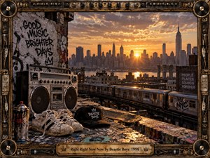 A weathered rooftop overlooks a glowing city skyline as an elevated train passes below. A vintage boombox, worn sneakers, skateboard, cap, and spray can create gritty hip-hop nostalgia. Warm amber sunset light contrasts with dark urban textures, while graffiti, distressed metalwork, speakers, and amplifier controls form a richly detailed frame.