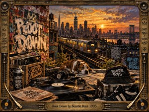 A richly detailed urban scene frames a glowing New York sunset, elevated train, graffiti-covered rooftops, turntables, vinyl records, sneakers, and street culture artifacts. Warm amber light contrasts with weathered brick and dark metal, creating nostalgic hip-hop energy. An ornate music-themed frame reinforces the gritty, celebratory atmosphere.