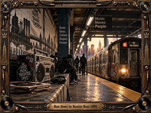 A gritty urban subway platform glows with warm sunset light as a graffiti-covered train arrives beside shadowed street figures, a battered boombox, records, and headphones. Industrial textures, deep browns, black metal, and amber highlights create a rhythmic 1990s hip-hop atmosphere, framed by ornate musical hardware and vinyl details.