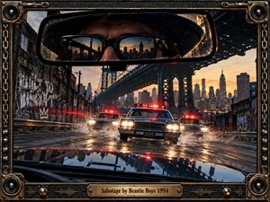 A gritty urban pursuit unfolds beneath a towering bridge, where vintage police cars surge through rain-slicked streets beneath flashing red lights. A shadowed figure fills the rearview mirror, reflecting the skyline in dark glasses. Warm sunset tones, deep shadows, graffiti, metallic framing, and cinematic realism create relentless tension.